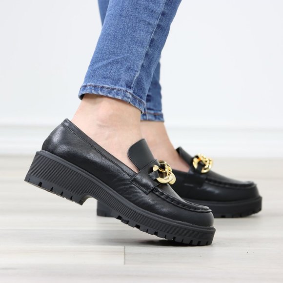 Chunky Lug Sole Slip On Penny Loafers Platform With Gold Chain - Picture 5 of 13